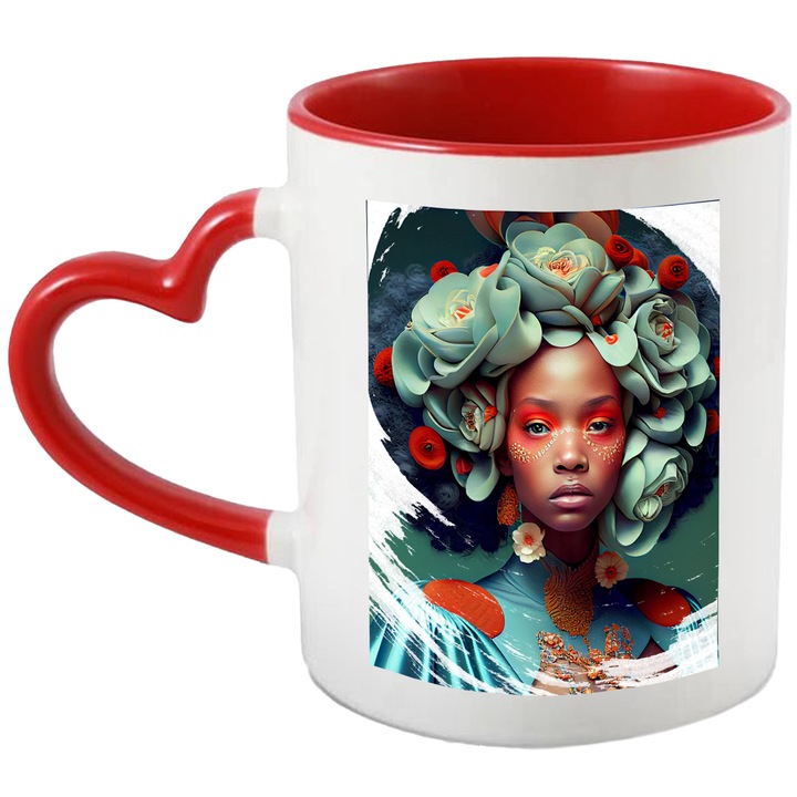 Cana Cu Portret Printesa Carnavalului, Bandana De Flori Albastre, Make Up Portocaliu, Tinuta Bizara, Multicolor 330 ml, cu maner Inima Rosie