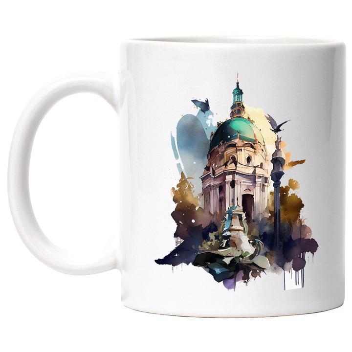 Cana Cu Cladire Din Bucuresti, Coltul Unei Cladirii Contemporane, Porumbei Zburand, Designe Abstract, Multicolor, 330 ml, cu maner Alb