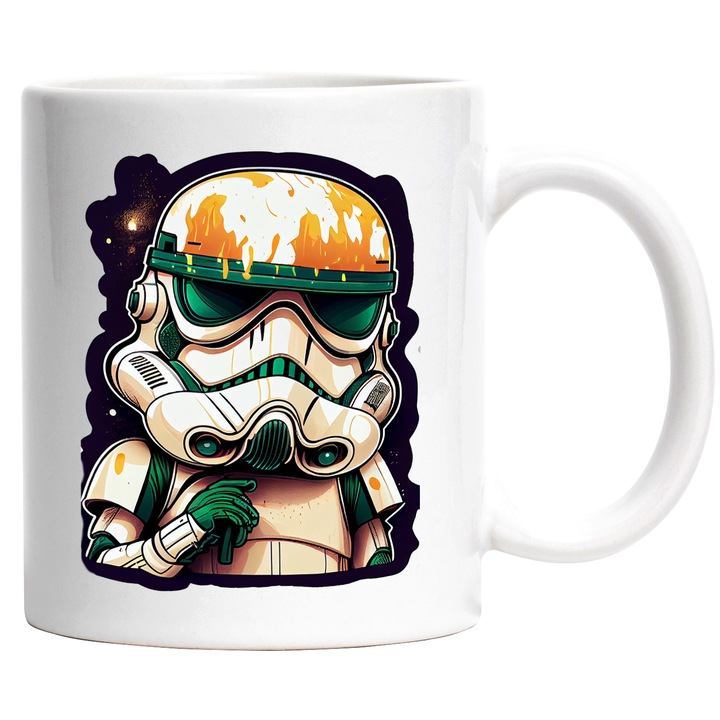 Cana Cu Robot Stil StarWars, Desene Animate Razboiul Stelelor, Soldat Cu armura Alba, 330 ml, cu maner Alb