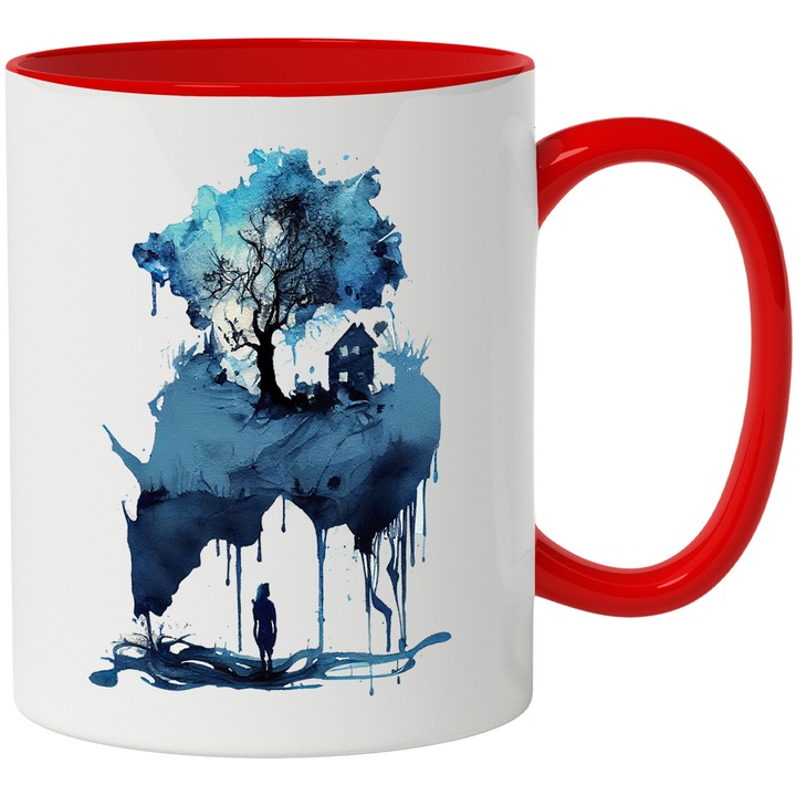 Cana Cu Pictura Curgatoare, Casa Langa Un Copac, Copil Privind Spre Cer, Albastru, 330 ml, cu maner Rosu