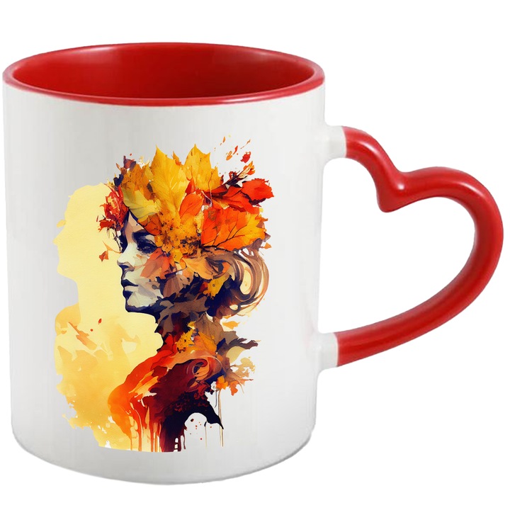 Cana Cu Portret Regina Taomnei, Par Acoperit De Frunze Rugnii, Tablou De Toamna, SF, Multicolor, 330 ml, cu maner Inima Rosie