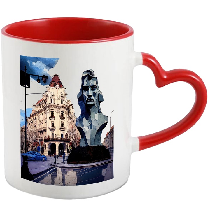 Cana Cu Straziile Din Bucuresti, Statuie Mihai Eminescu, Coltul Cladirii, Dupa-Amiaza In Centrul Vechi, Multicolor, 330 ml, cu maner Inima Rosie