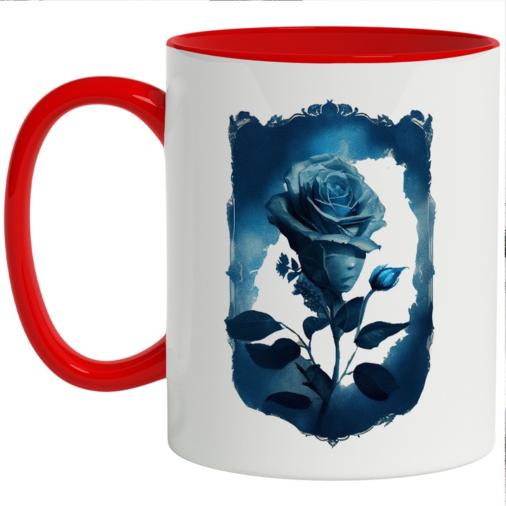 Cana Cu Trandafir Albastru In Rama, Lumina Lunii, Iubitorii De Flori, Trandafir Otravit, Frumusetea Naturii, Multicolor, 330 ml, cu maner Rosu