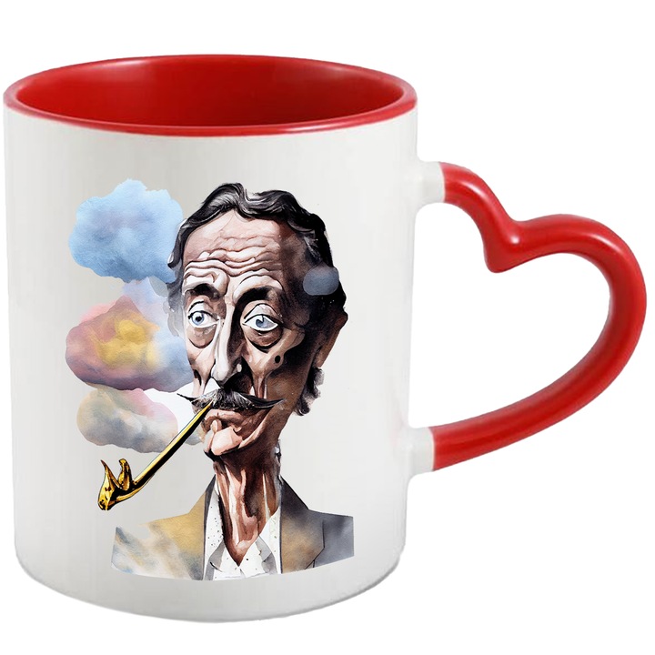 Cana Cu Portret Om Batran Cu Pipa, Mustata, Riduri In Frunte, Imbracat La Costum, Arta Abstracta, Multicolor, 330 ml, cu maner Inima Rosie