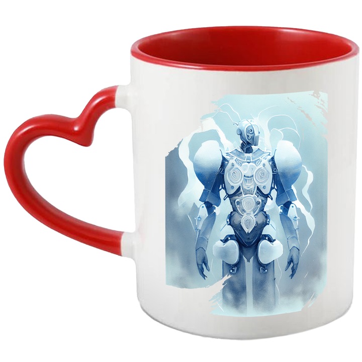 Cana Cu Portret Robot, Armura Alba, Lume Inghetata, SF, Inteligenta Artificiala, Multicolor, 330 ml, cu maner Inima Rosie