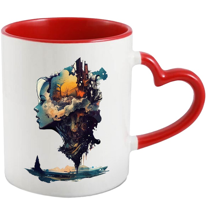 Cana Cu Pictura Abstract Chip Fata, Apa Stralucitoare, Lumea Poluata, Adevarul Omenirii, Negru, 330 ml, cu maner Inima Rosie