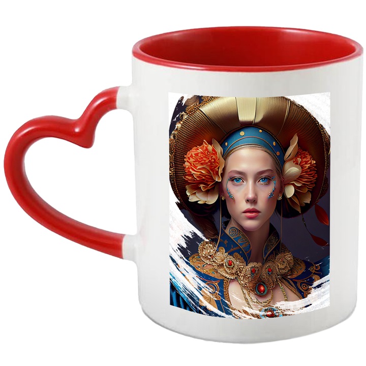 Cana Cu Portret 'Alania', Fata Cu Palarie Bizara, Ochii Albastri, Zeita Floriilor, Medalion Rosu, Multicolor, 330 ml, cu maner Inima Rosie