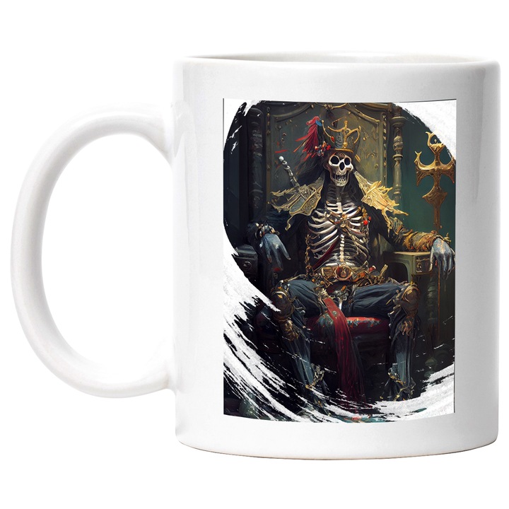 Cana Portret Schelete Rege Pe Tron De Aur, Piratii, SF, Multicolor 330 ml, cu maner Alb