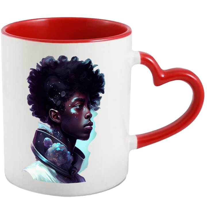 Cana Cu Portret Baiat Cu Par Cret, Frumusetea Naturala, Multicolor, 330 ml, cu maner Inima Rosie