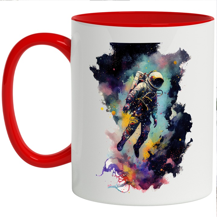 Cana Cu Pictura Astronaut In Spatiu, Iubitorii De Astronomie, Univers Infinit, Cer Colorat, Multicolor, 330 ml, cu maner Rosu