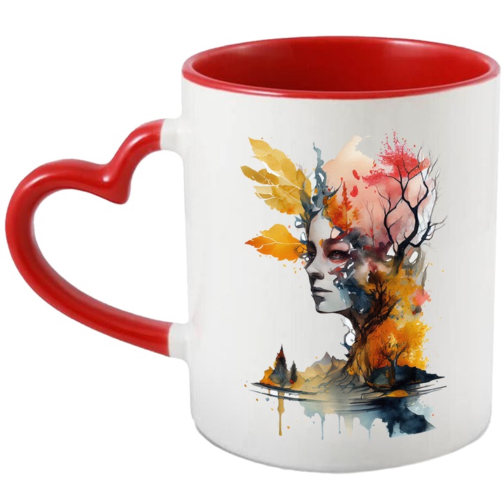 Cana Cu Pictura Curgatoare, Portret Regina Taomnei, Copac Uscat, Tablou De Toamna, SF, Multicolor, 330 ml, cu maner Inima Rosie