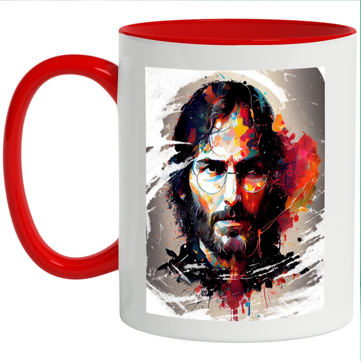 Cana Cu Portret Steave Jobs Tanar, Par Lung Brunet, Ochelari Rotunzi, Minti Stralucite, Multicolor 330 ml, cu maner Rosu