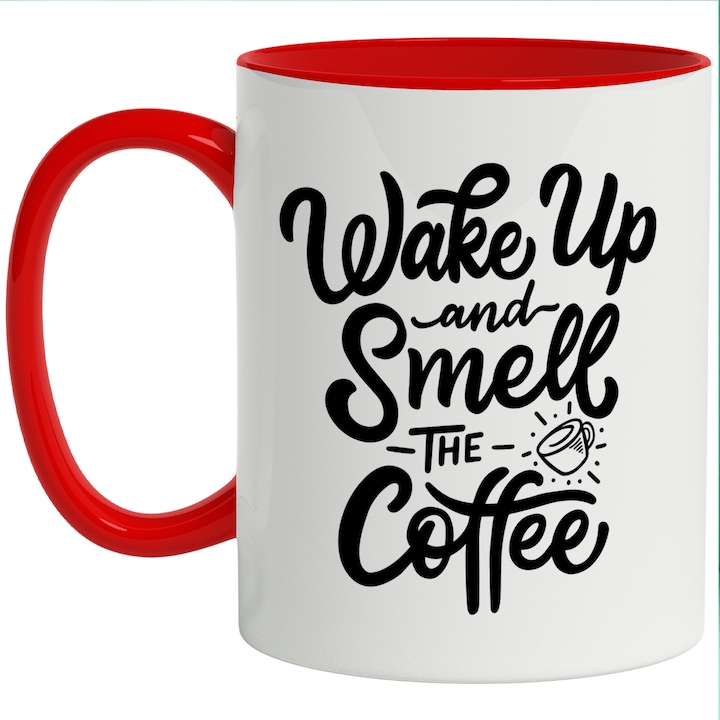 Cana Cu Mesaj Wake Up And Smell The Coffee, Dimineata, Iubitorii De Cafea, Negru, 330 ml, cu maner Rosu