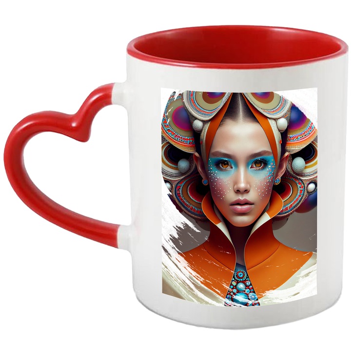 Cana Cu Portret Fata Make Up Bizar Albastru, Palarie Multicolora, Arta Abstracta, Multicolor, 330 ml, cu maner Inima Rosie