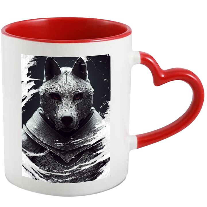 Cana Cu Portret Lup Alb Soldat Razboinic, Animal Salbatic, Armura, Motivational, Multicolor, 330 ml, cu maner Inima Rosie