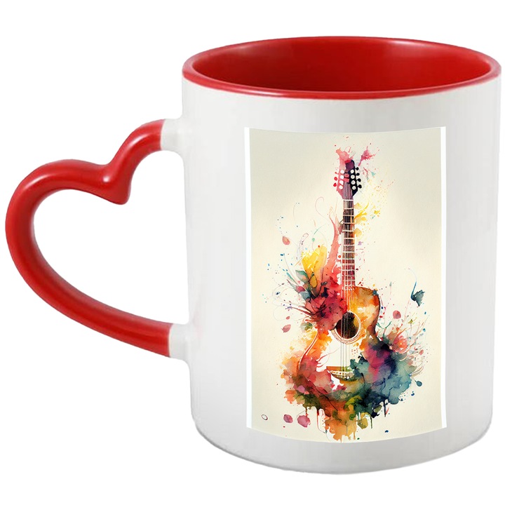 Cana Cu Pictura Chitara, Instrumente Muziale, Trupa Rock, Artist, Multicolor 330 ml, cu maner Inima Rosie