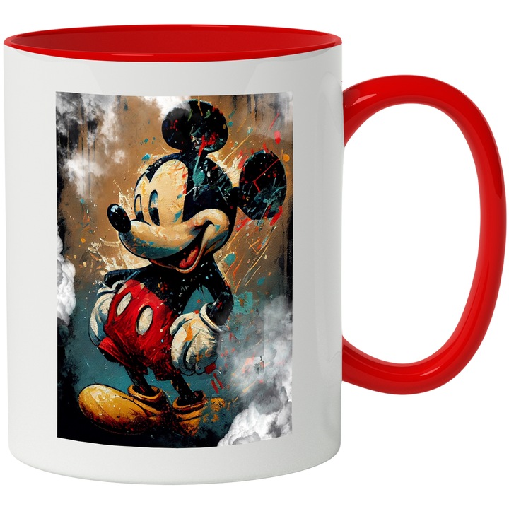 Cana Cu Pictura Mickey Mouse, Disney, Copii, Desene Animate, Multicolor, 330 ml, cu maner Rosu