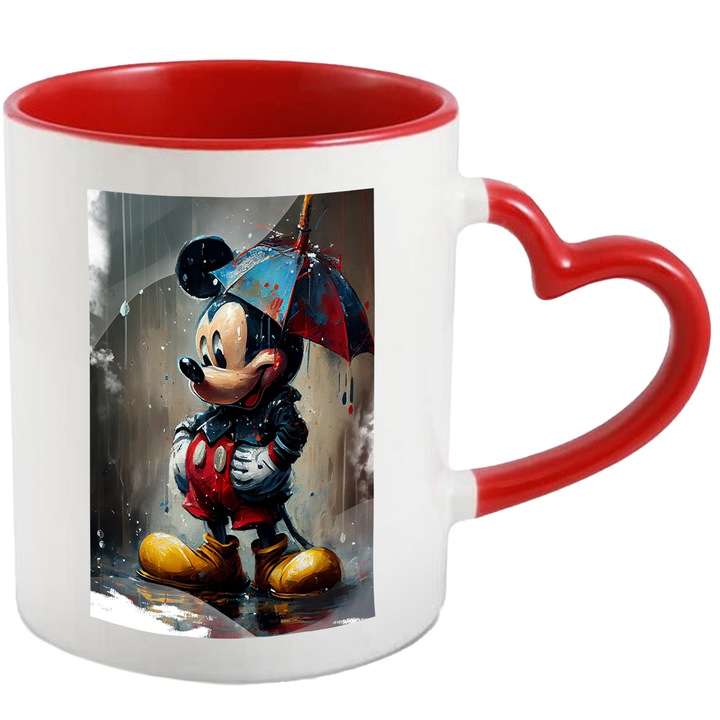 Cana Cu Pictura Mickey Mouse Cu Umbrela In Ploaie, Disney, Copii, Desene Animate, Multicolor, 330 ml, cu maner Inima Rosie
