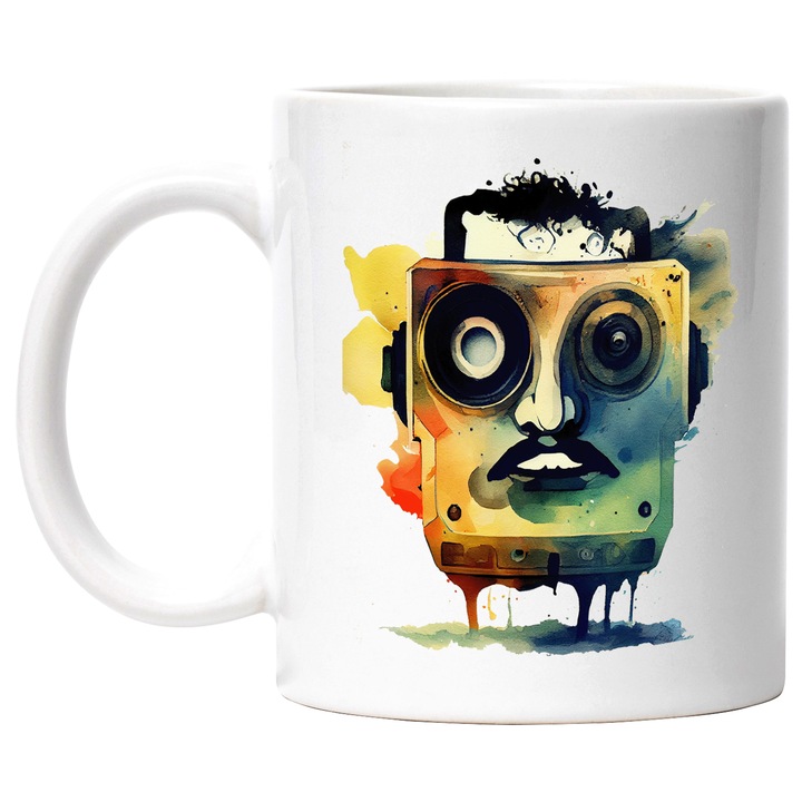 Cana Cu Casetofon Vechi Chip Uman, Desene Animate Haioasa, Copii, Designe Abstract, Multicolor, 330 ml, cu maner Alb