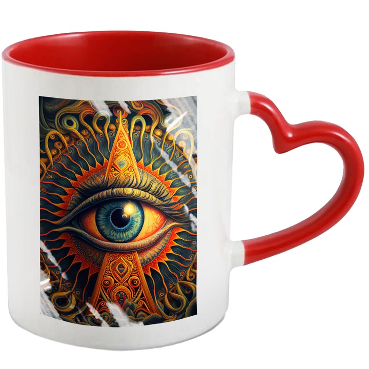 Cana Cu Ochii Bizar, Mozaic Iluminati, Ochii Albastru, Occult Eye, Multicolor, 330 ml, cu maner Inima Rosie