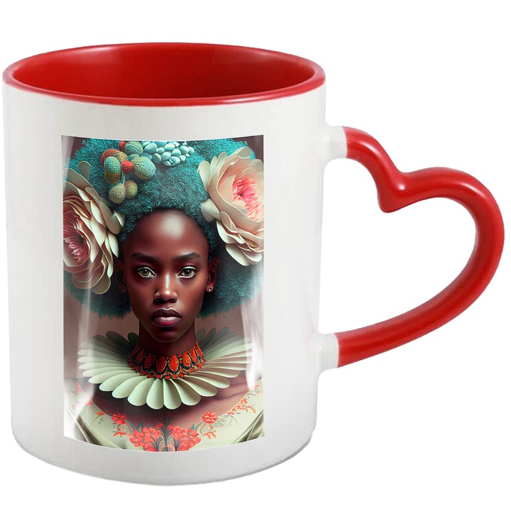 Cana Cu Portret Fata Par Albastru, Tiuta Bizara, Triburi Africane, Frumuseste Naturala, Multicolor, 330 ml, cu maner Inima Rosie