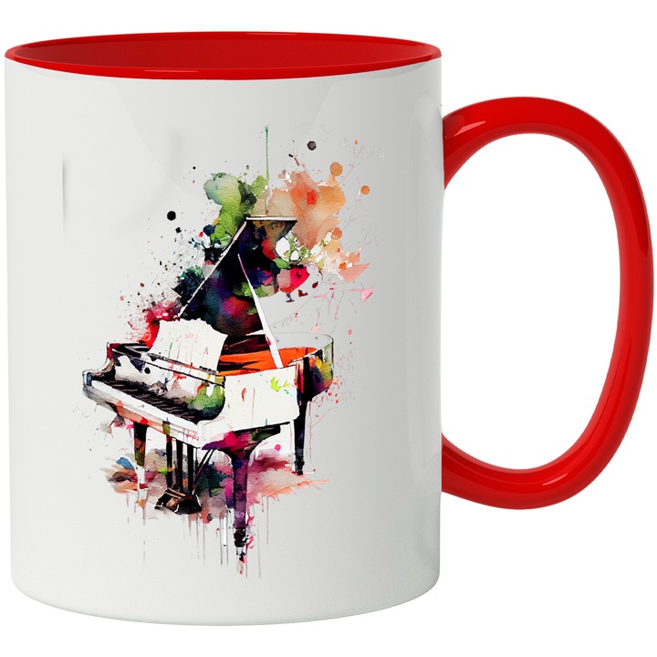 Cana Cu Pictura Pian, Instrunmente Muzicale Clasice, Muzica Clasica, Multicolor, 330 ml, cu maner Rosu