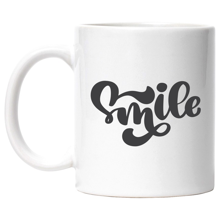 Cana Cu Mesaj Smile, Zambeste, Persoana Draga, Motivational, Negru, 330 ml, cu maner Alb