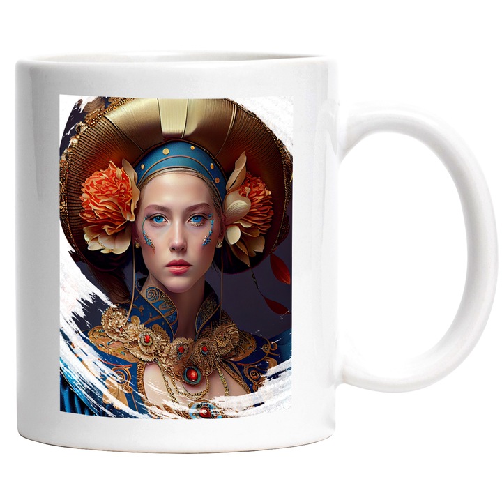 Cana Cu Portret 'Alania', Fata Cu Palarie Bizara, Ochii Albastri, Zeita Floriilor, Medalion Rosu, Multicolor, 330 ml, cu maner Alb