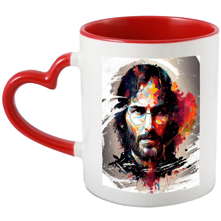 Cana Cu Portret Steave Jobs Tanar, Par Lung Brunet, Ochelari Rotunzi, Minti Stralucite, Multicolor 330 ml, cu maner Inima Rosie