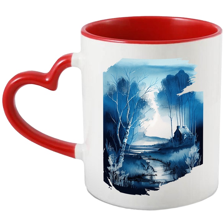 Cana Cu Pictura Priveliste Padure Inghetata, Iarna, Miezul Notii, Casa In Pustietate, Izvor, Multicolor, 330 ml, cu maner Inima Rosie
