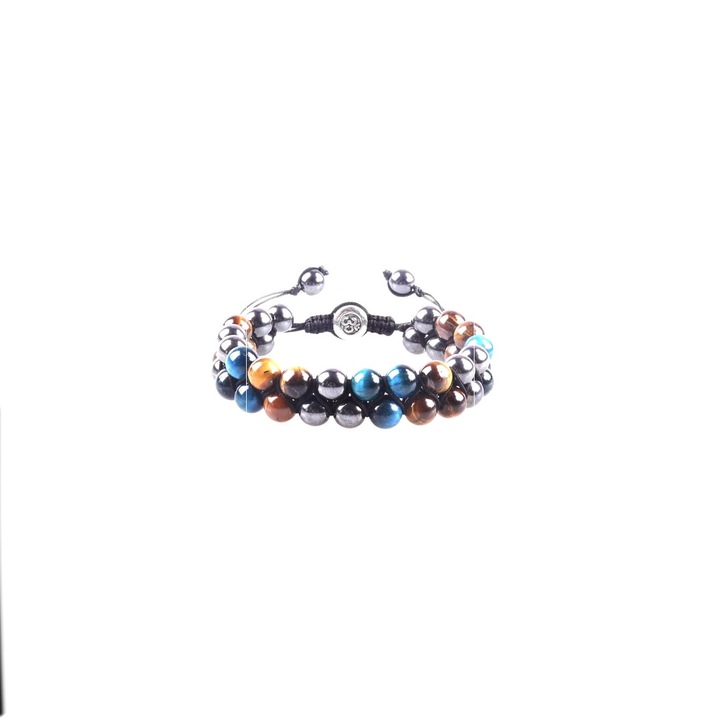 Bratara energetica cu pietre semipretioase, Ochi de tigru albastru, Ochi de tigru galben si Hematita pentru protectie, meditatie, energie