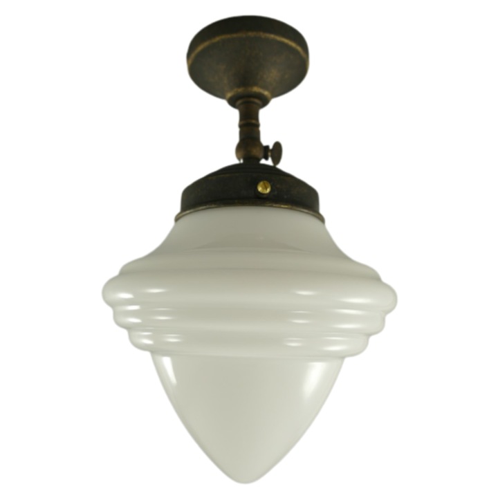 Plafoniera vintage, metal antichizat, sticla opal alba, H. 26 cm