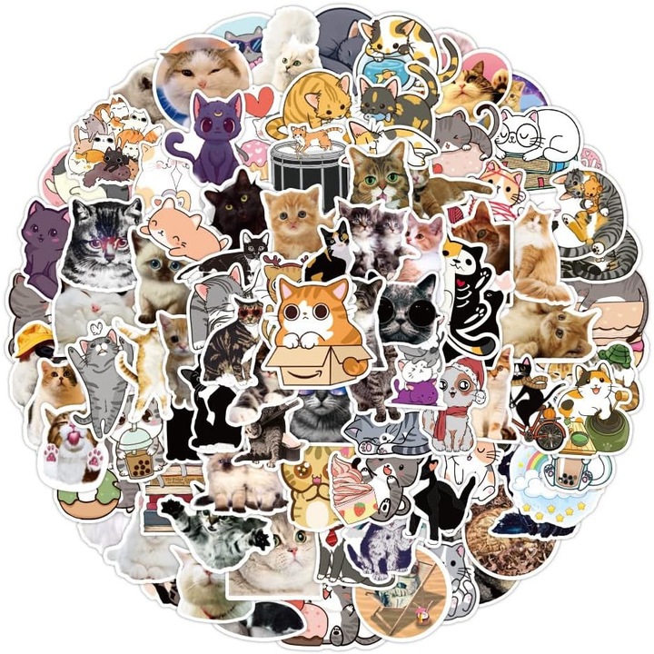 Set Stickere 100 bucati Waterproof Pvc, JENUOS®, Cute Cats, 5 cm, stickere colorate pentru lipit pe laptop, telefon, PC, Genti voiaj, parti caroserie, piese auto de interior