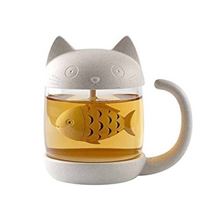 Ceainic cu infuzor de sticla, JENUOS®, Cute Cat, 250ml, 123×118×80mm, recipiente pentru ceai cu infuzor si capac, Transparent
