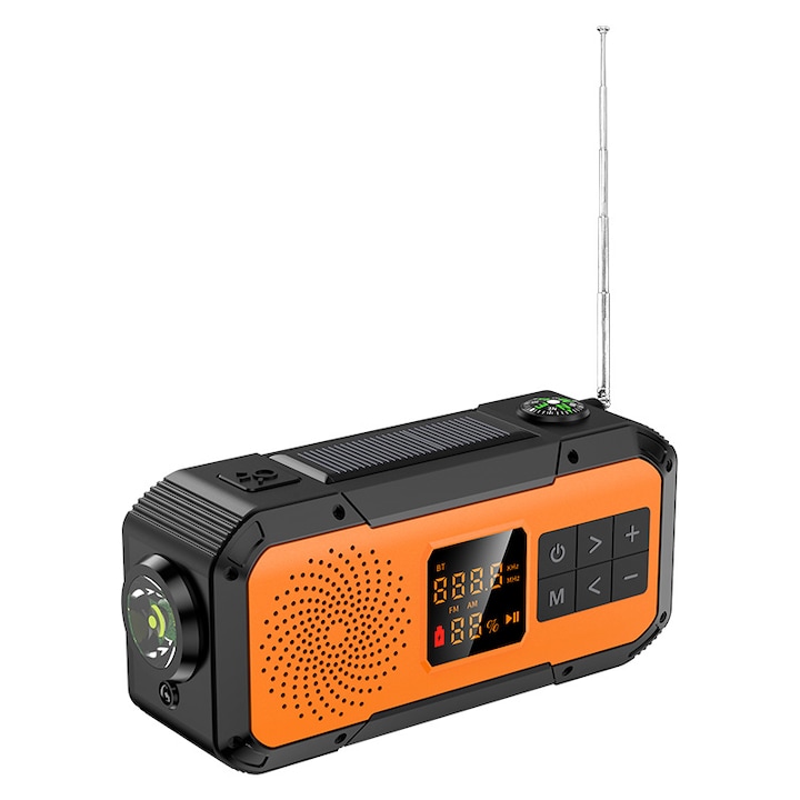 Мултифункционално портативно радио AM-FM, Със соларно и ръчно зареждане, Високоговорител, 2000 mah батерия, Фенерче, Термометър, LCD дисплей
