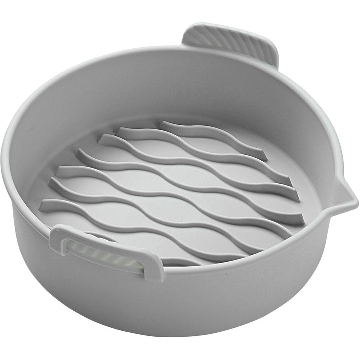 Set 2 tavi din silicon ecologic pentru air fryer Flippy, temperatura maxima 230 grade, reutilizabile, reciclabile, cu manere anti-alunecare, fund antiaderent, 18.7 x 19.5 x 7 cm, gri