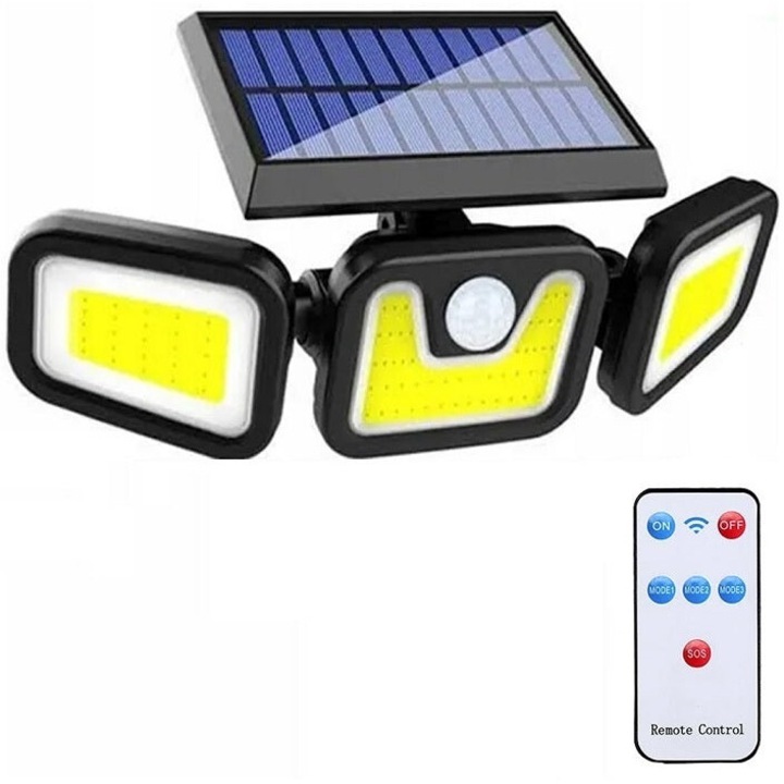Соларна лампа Welor, 103 COB LED, Мощност 120 W, Сензор за светлина, Сензор за движение, 3 режима на осветяване, Дистанционно управление с множество функции, Клас A, IP67 Водоустойчив, Черен