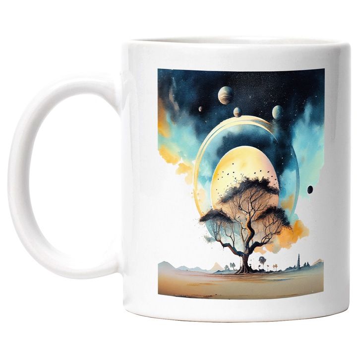 Cana Cu Priveliste Bizara Pom In Stralucirea Soarelui, Planete Pe Cer, Iubitorii De Astronomie, Multicolor, 330 ml, cu maner Alb