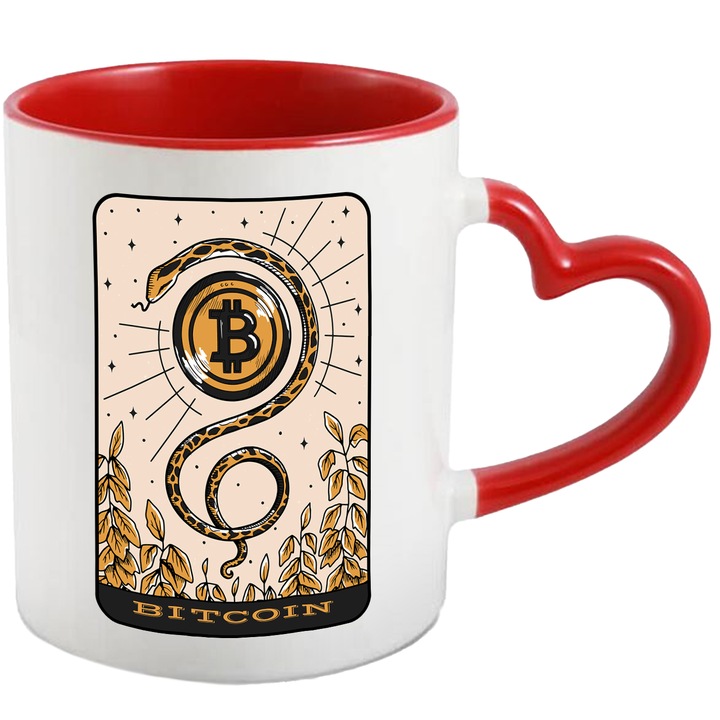 Cana Cu Carte Tarot Bitcoin, Sarpe, Iubitorii De Investitii, Moneda Virtuala, 330 ml, cu maner Inima Rosie