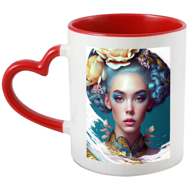 Cana Cu Portret Fata Flori In Par, Tiuta Bizara, Palida, Frumuseste Naturala, Multicolor, 330 ml, cu maner Inima Rosie