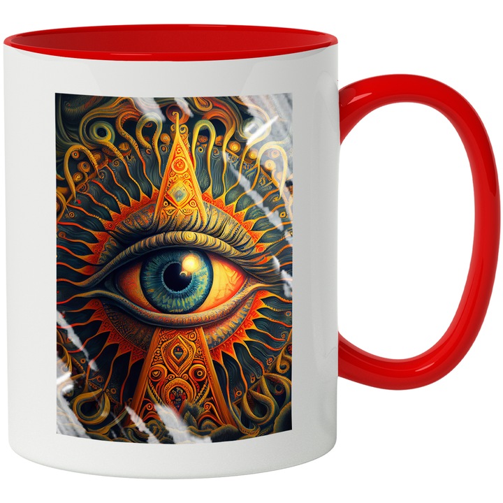 Cana Cu Ochii Bizar, Mozaic Iluminati, Ochii Albastru, Occult Eye, Multicolor, 330 ml, cu maner Rosu
