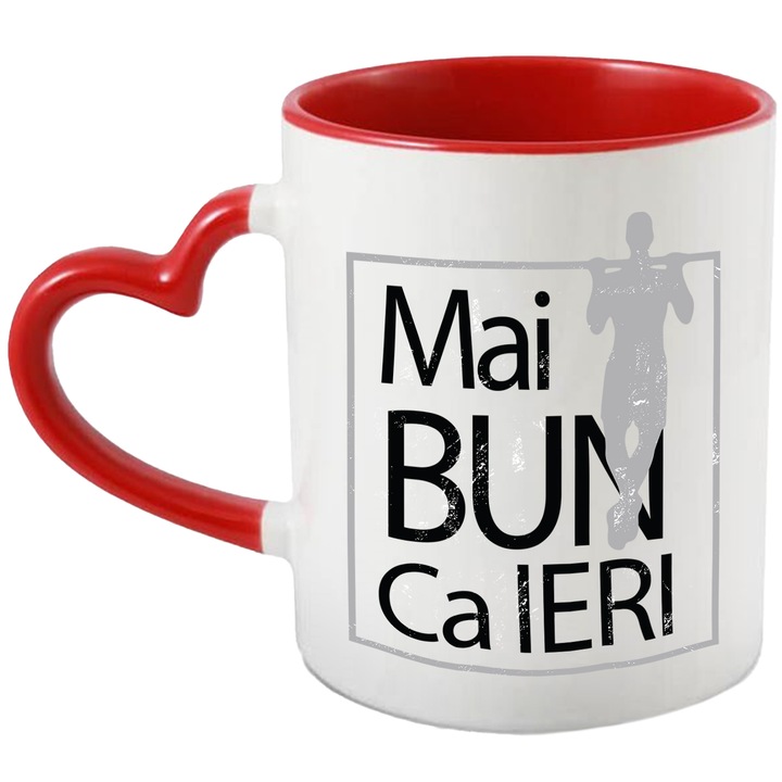 Cana Cu Mesaj Motivational Mai Bun Ca Ieri, Gym, Nou Inceput, Motivational, Fitness, Gri, Investitii, Multicolor, 330 ml, cu maner Inima Rosie