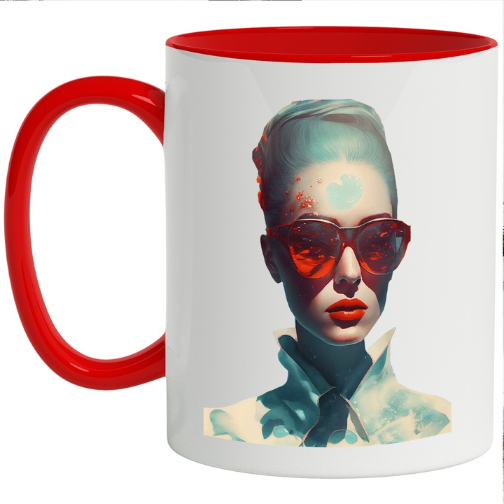 Cana Cu Fata Cu Ochelarii Rosi, Par Albastru, Tinuta Bizara, Fata Palida, Arta Abstracta, Multicolor, 330 ml, cu maner Rosu