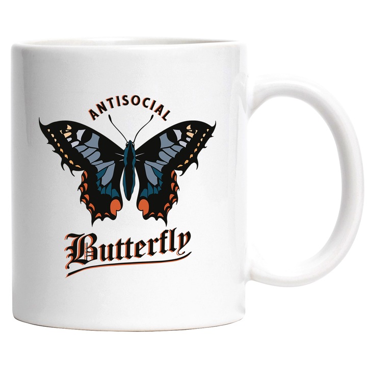 Cana Cu Mesajul Antisocial Butterfly, Fluture Liber, Multicolor, Iubitorii De Flutuiri, 330 ml, cu maner Alb