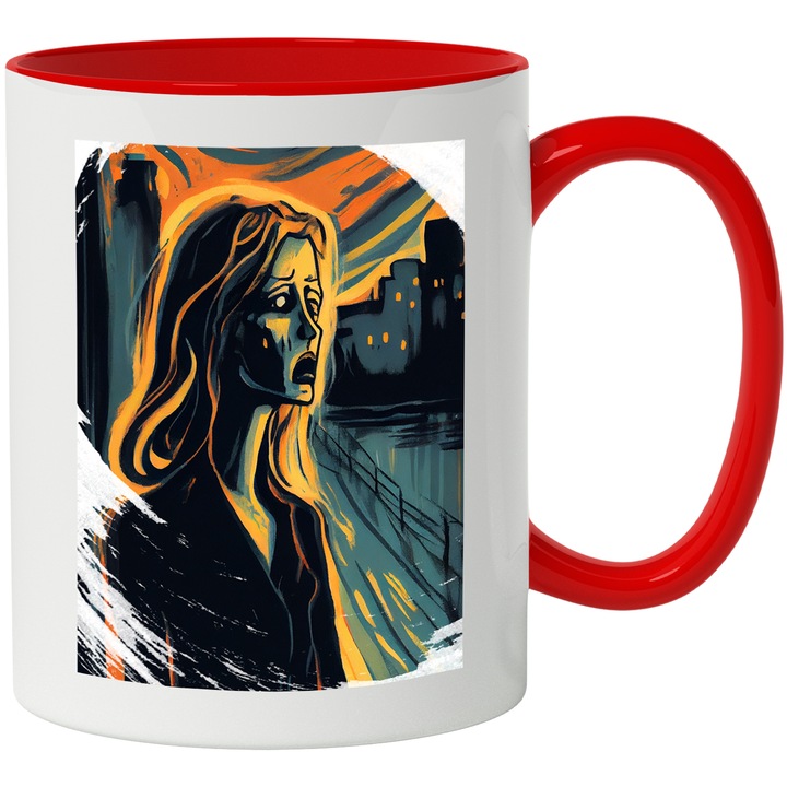 Cana Cu Pictura Fata Trista, Oras In Miez De Noapte, Arta Conemporana, Big City, Multicolor, 330 ml, cu maner Rosu