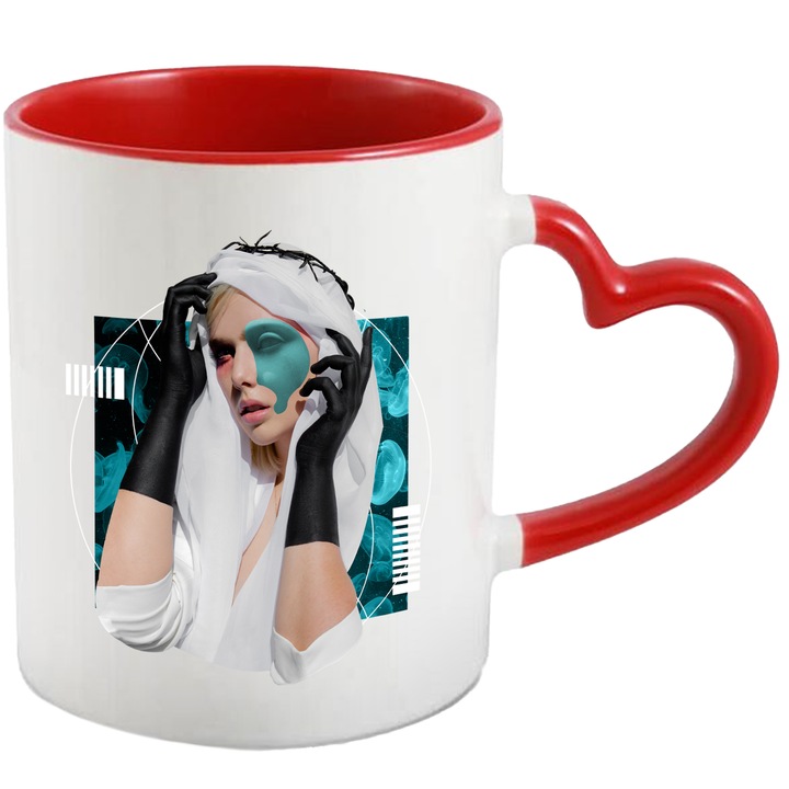 Cana Cu Portret Fata Bizara Cu Hjab, Manusii Negre, Pata De Vopsea De Vopsea Albastra Pe Ochii, Multicolor, 330 ml, cu maner Inima Rosie