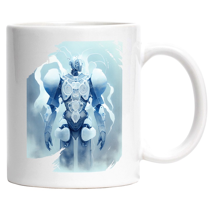 Cana Cu Portret Robot, Armura Alba, Lume Inghetata, SF, Inteligenta Artificiala, Multicolor, 330 ml, cu maner Alb