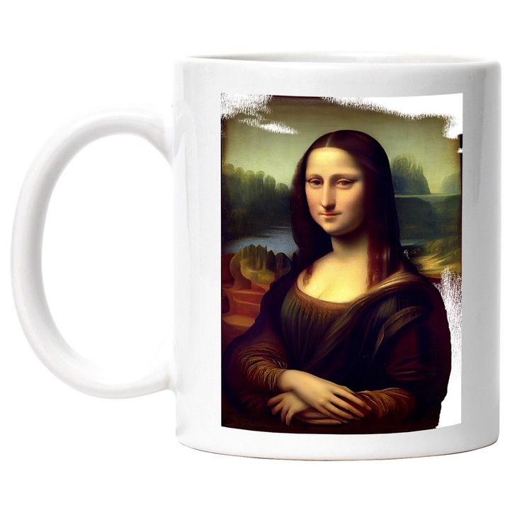 Cana Cu Pictura Stil Gioconda, Leonardo da Vinci, Mona Lisa, Arta Clasica, Multicolor, 330 ml, cu maner Alb
