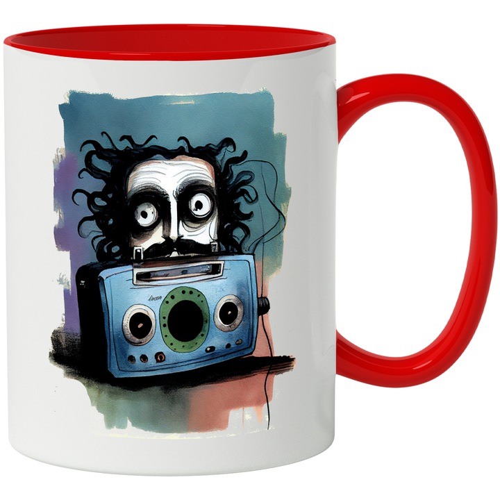 Cana Cu Casetofon Vechi Alber Einsten In Spate, Desene Animate Haioasa, Copii, Designe Abstract, Multicolor, 330 ml, cu maner Rosu