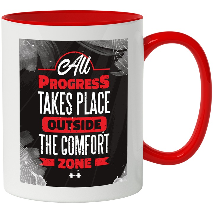 Cana Cu Mesaj Motivational All Progress Takes Place Outside The Comfort Zone, Curaj, Gym, Atingerea Obiectivului, Multicolor, 330 ml, cu maner Rosu